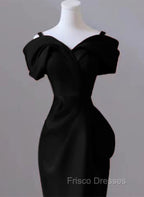 Black Satin Sweetheart Straps Long Formal Dress, Black Long Formal Prom Dress