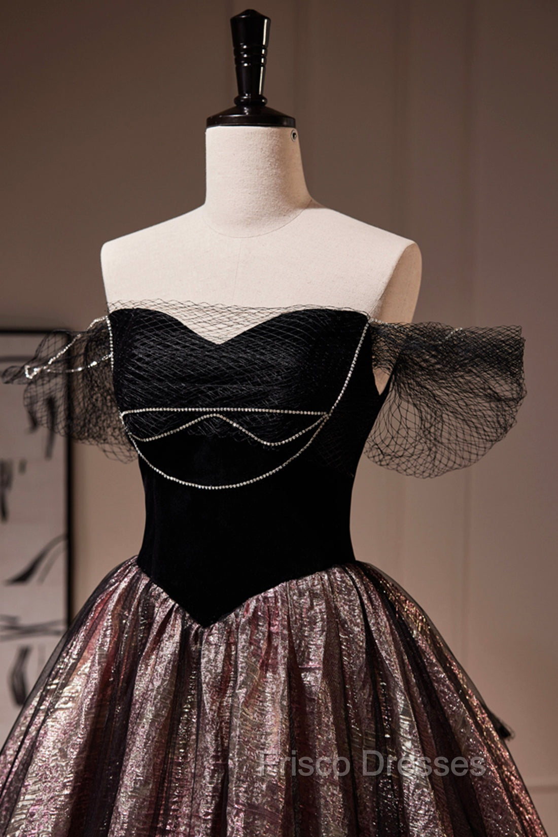Black Satin Tulle Long Formal Prom Dress, A-Line Off Shoulder Evening Dress Formal Dress