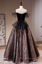 Black Satin Tulle Long Formal Prom Dress, A-Line Off Shoulder Evening Dress Formal Dress