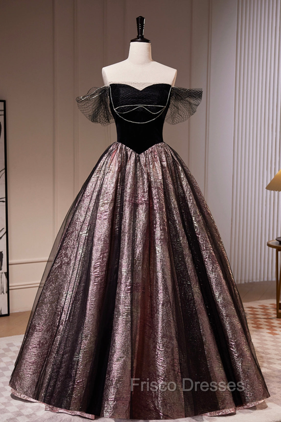 Black Satin Tulle Long Formal Prom Dress, A-Line Off Shoulder Evening Dress Formal Dress Main image