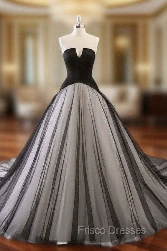 Black Satin Tulle Strapless Sleeveless Wedding Dress With Train Main image