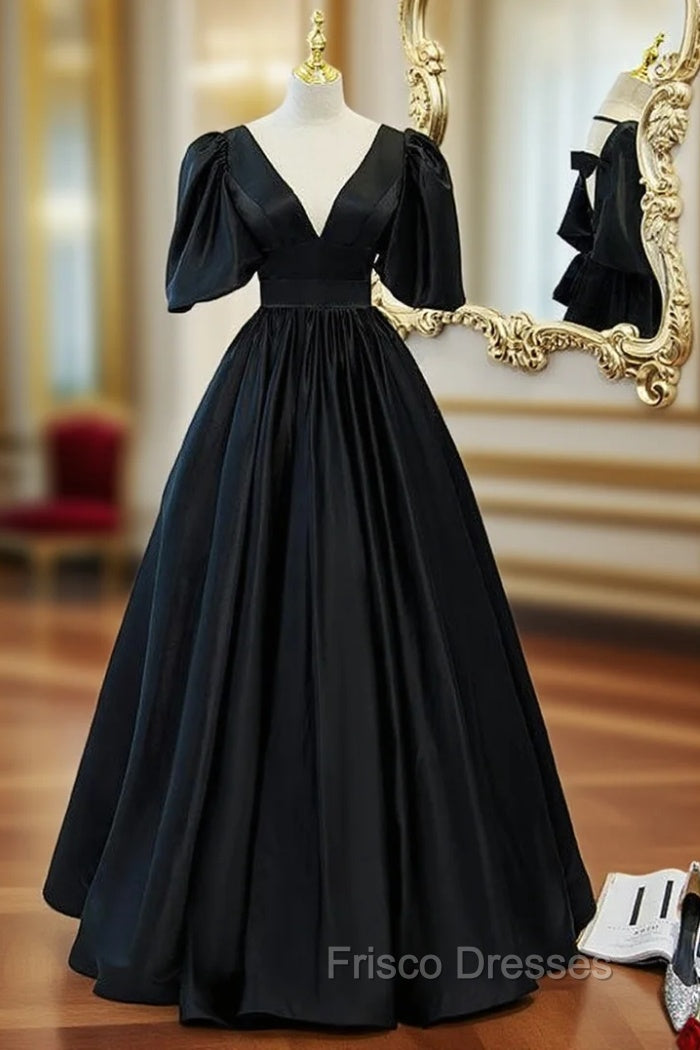 Black Satin V-neck Backless Puff Sleeve Formal Prom Dress