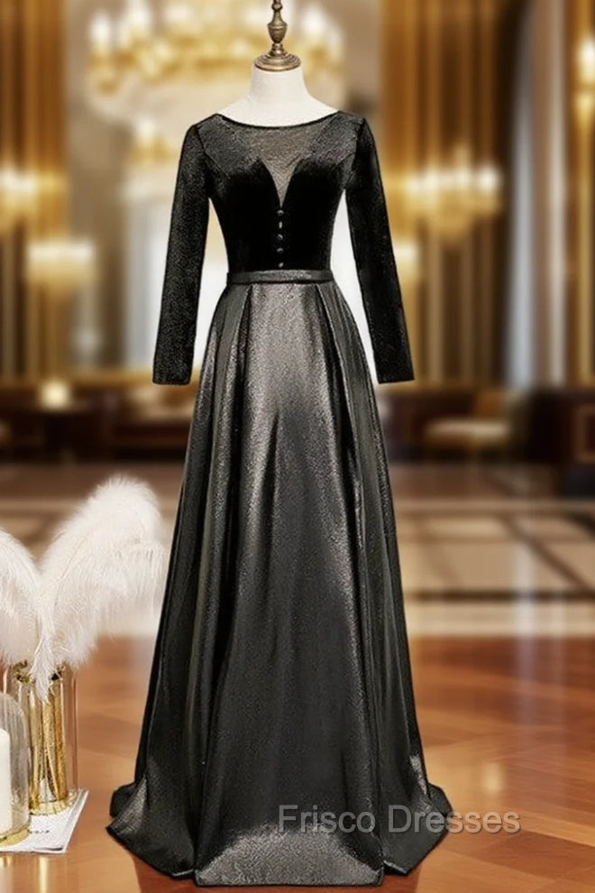 Black Satin Velvet Long Sleeve Button Formal Prom Dress Main image