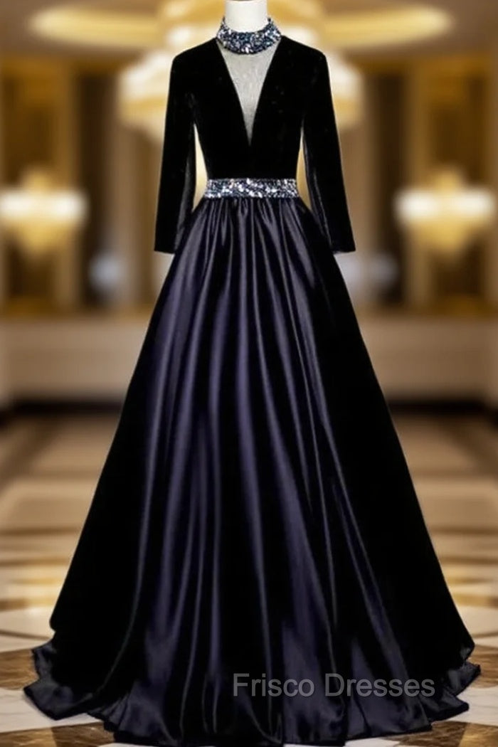 Black Satin Velvet Long Sleeve Crystal Formal Prom Dress
