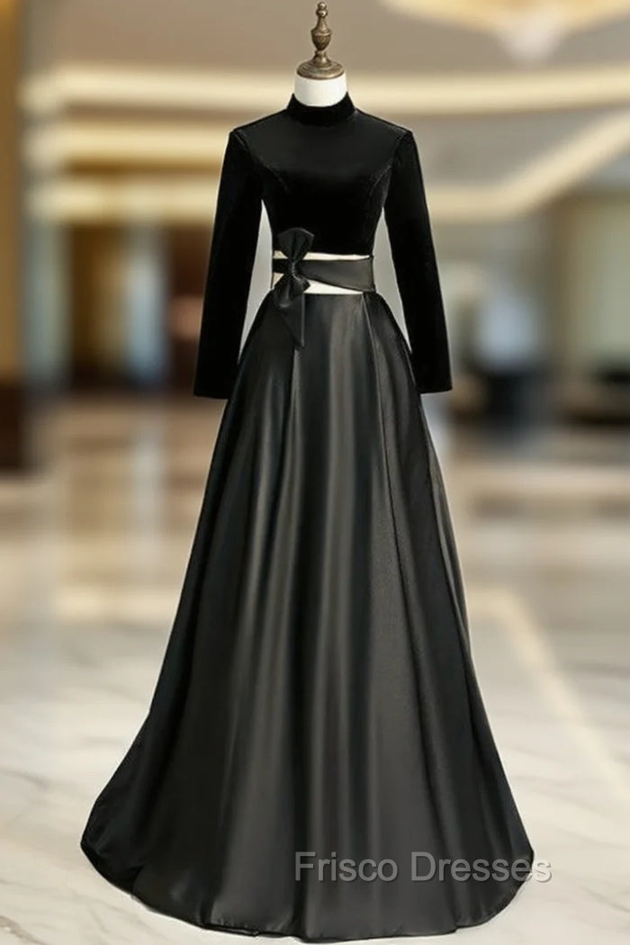 Black Satin Velvet Long Sleeve Cut Out Formal Prom Dress Main image