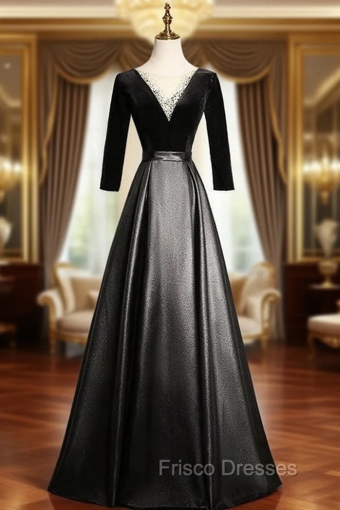 Black Satin Velvet Long Sleeve Formal Prom Dress Main image