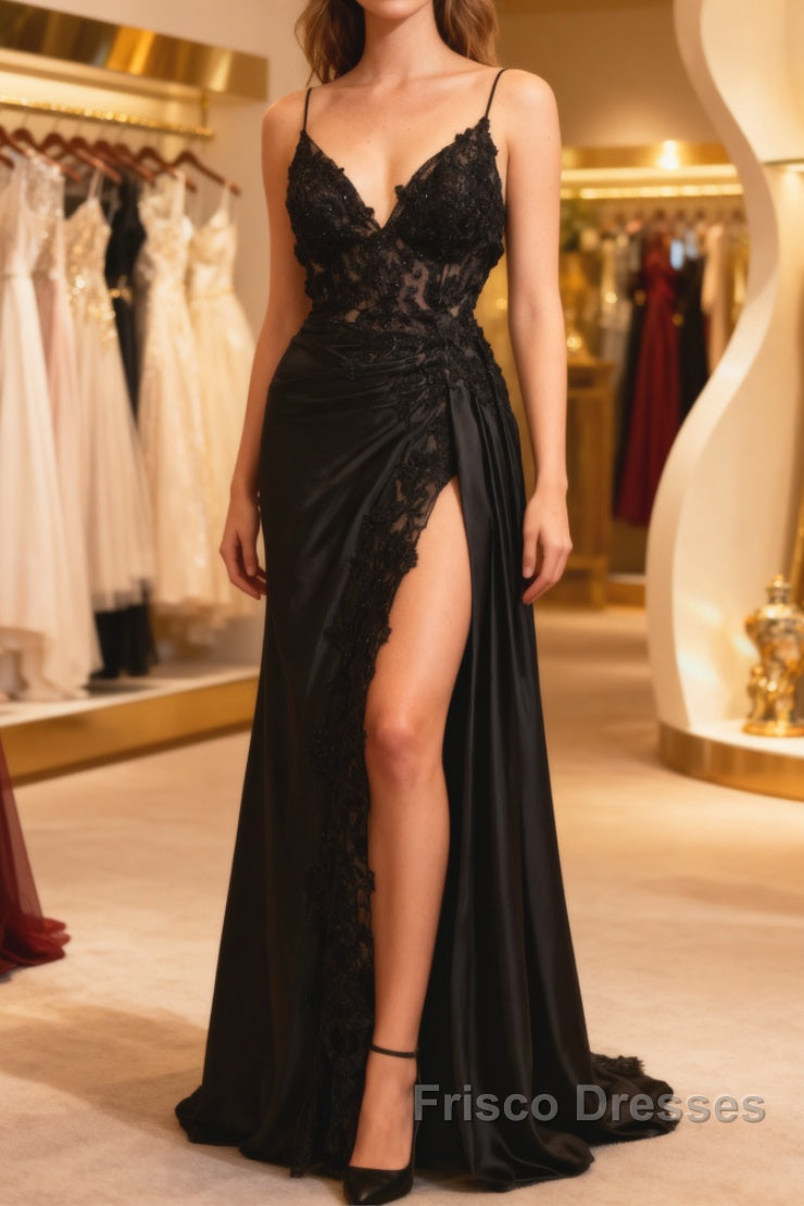 Black Satin With Lace V-Neckline With Leg Slit Formal Prom Dress, Black Formal Prom Dress
