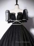 Black Scoop Neckline Long Formal Prom Dress, Shiny Tulle Black Evening Dress