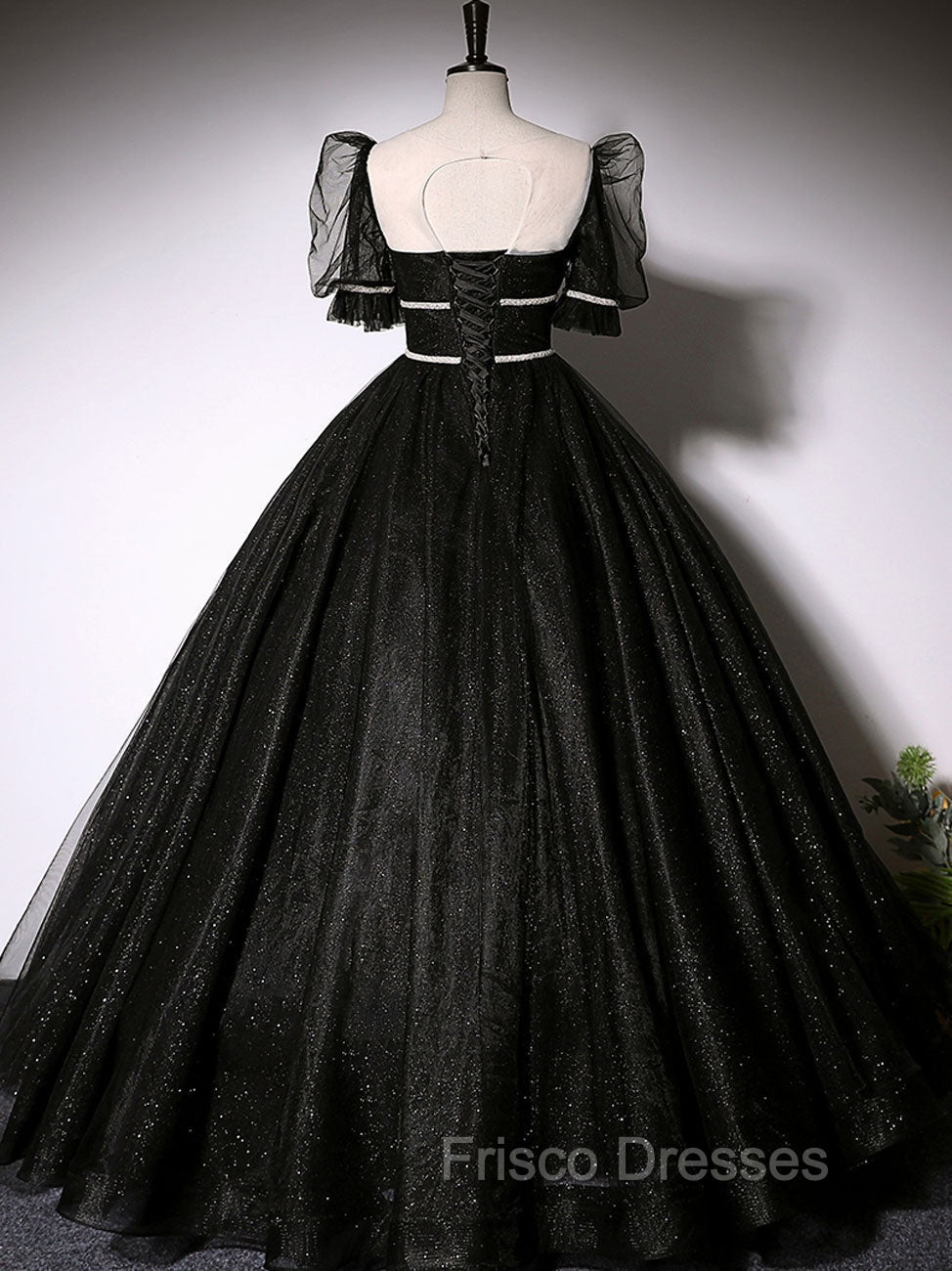 Black Scoop Neckline Long Formal Prom Dress, Shiny Tulle Black Evening Dress