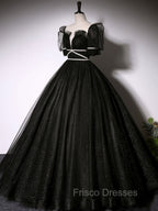 Black Scoop Neckline Long Formal Prom Dress, Shiny Tulle Black Evening Dress