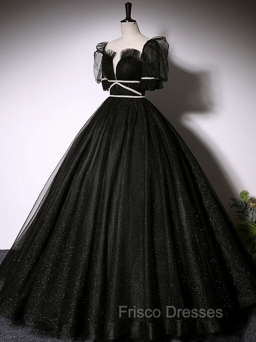 Black Scoop Neckline Long Formal Prom Dress, Shiny Tulle Black Evening Dress