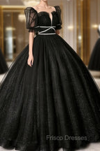 Black Scoop Neckline Long Formal Prom Dress, Shiny Tulle Black Evening Dress