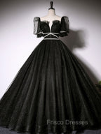 Black Scoop Neckline Long Formal Prom Dress, Shiny Tulle Black Evening Dress
