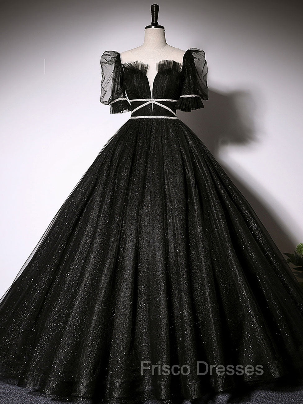 Black Scoop Neckline Long Formal Prom Dress, Shiny Tulle Black Evening Dress