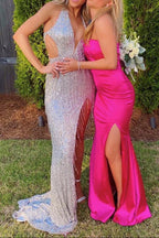 Black Sequin Fringe Halter Long Prom Dress With Slit
