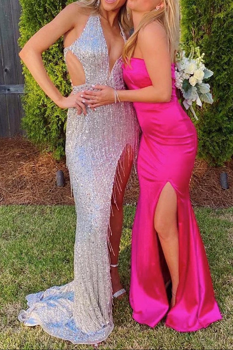 Black Sequin Fringe Halter Long Prom Dress With Slit
