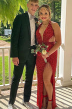 Black Sequin Fringe Halter Long Prom Dress With Slit