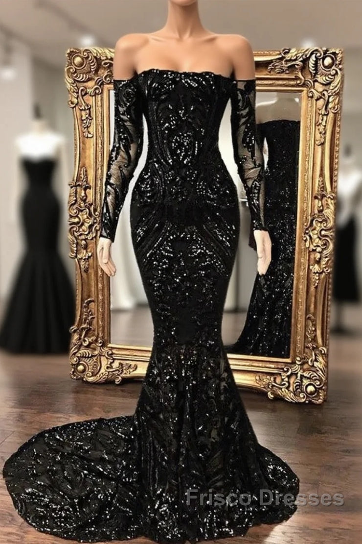Black Sequin Long Sleeve Mermaid Formal Prom Dress – Frisco Dresses
