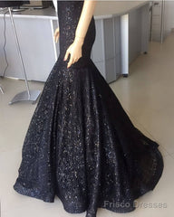 Black Sequin Pattern Prom Dresses Mermaid V-Neck
