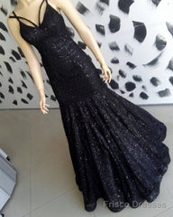 Black Sequin Pattern Prom Dresses Mermaid V-Neck