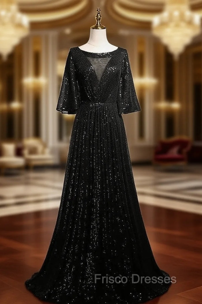 Black Sequins Bell Sleeve Formal Prom Dress