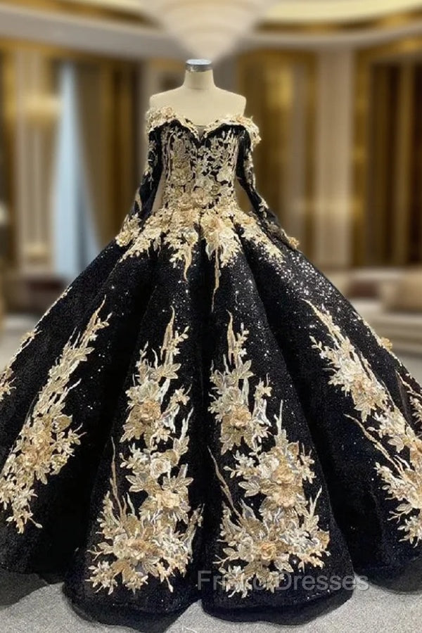Black Sequins Long Sleeve Appliques Formal Prom Dress