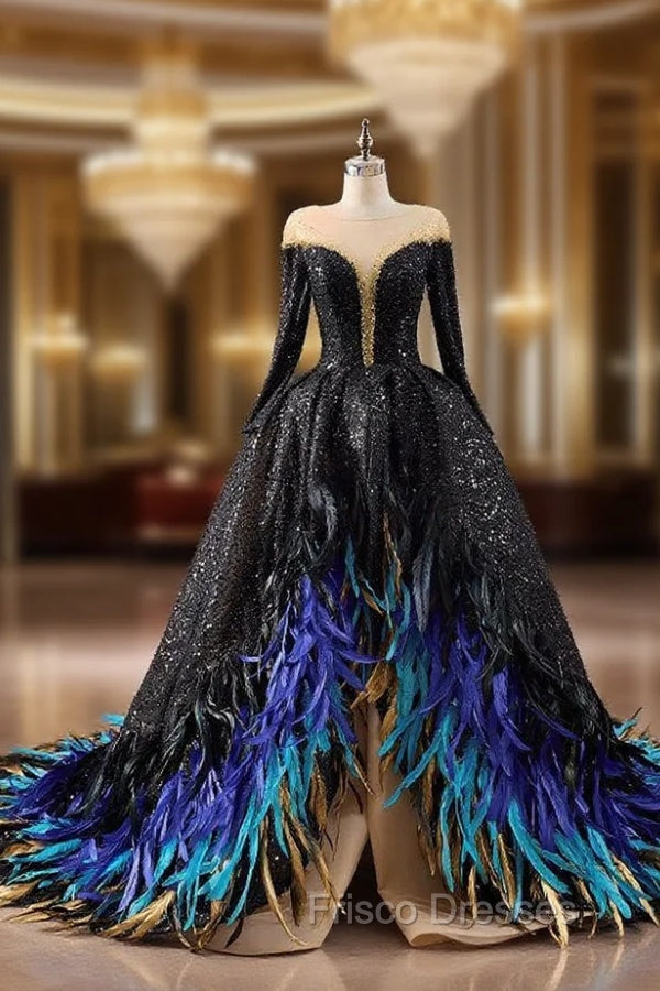 Black Sequins Long Sleeve Feather Formal Prom Dress