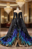 Black Sequins Long Sleeve Feather Formal Prom Dress