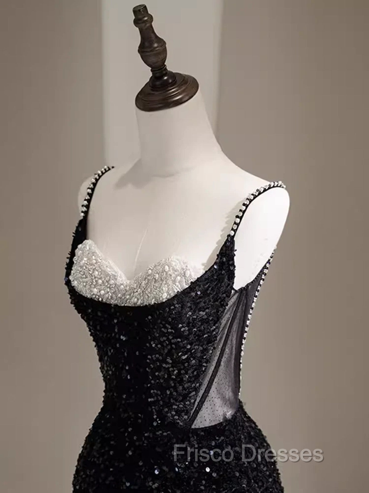 Black Sequins Mermaid Straps Beaded Formal Prom Dress, Black Sequins Party Dress Secondary image