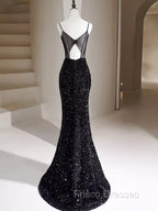 Black Sequins Mermaid Straps Beaded Formal Prom Dress, Black Sequins Party Dress