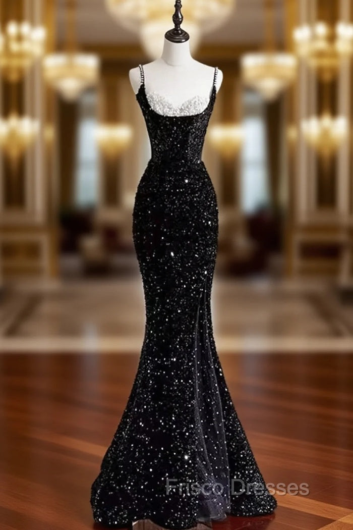 Black Sequins Mermaid Straps Beaded Formal Prom Dress, Black Sequins Party Dress Main image
