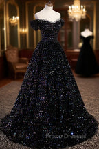 Black Sequins Off Shoulder Beaded Party Dress, A-line Black Formal Dress