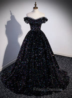 Black Sequins Off Shoulder Beaded Party Dress, A-line Black Formal Dress