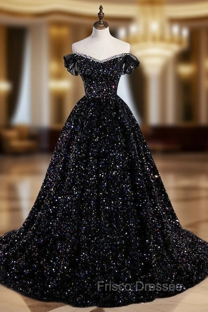 Black Sequins Off the Shoulder Formal Prom Dress