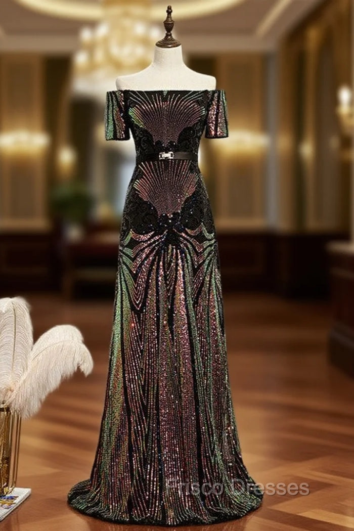 Black Sequins Off the Shoulder Short Sleeve Formal Prom Dress