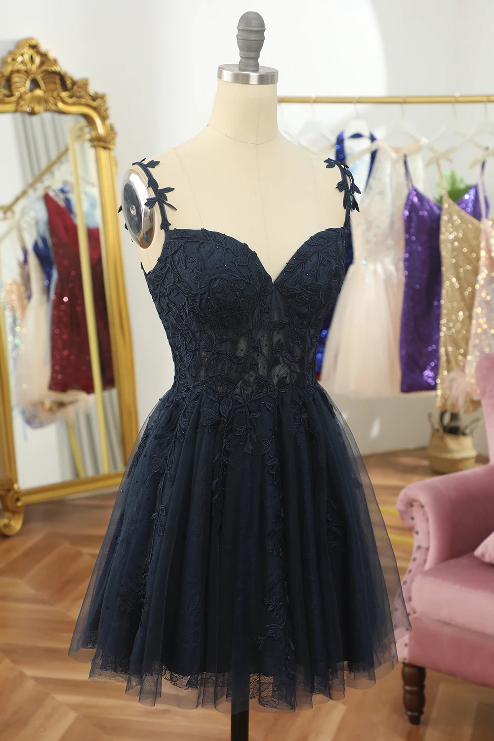 Navy Blue Spaghetti Straps Short Homecoming Dress With Appliques Secondary image