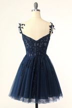 Navy Blue Spaghetti Straps Short Homecoming Dress With Appliques