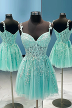 Navy Blue Spaghetti Straps Short Homecoming Dress With Appliques