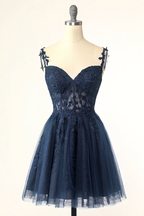 Navy Blue Spaghetti Straps Short Homecoming Dress With Appliques