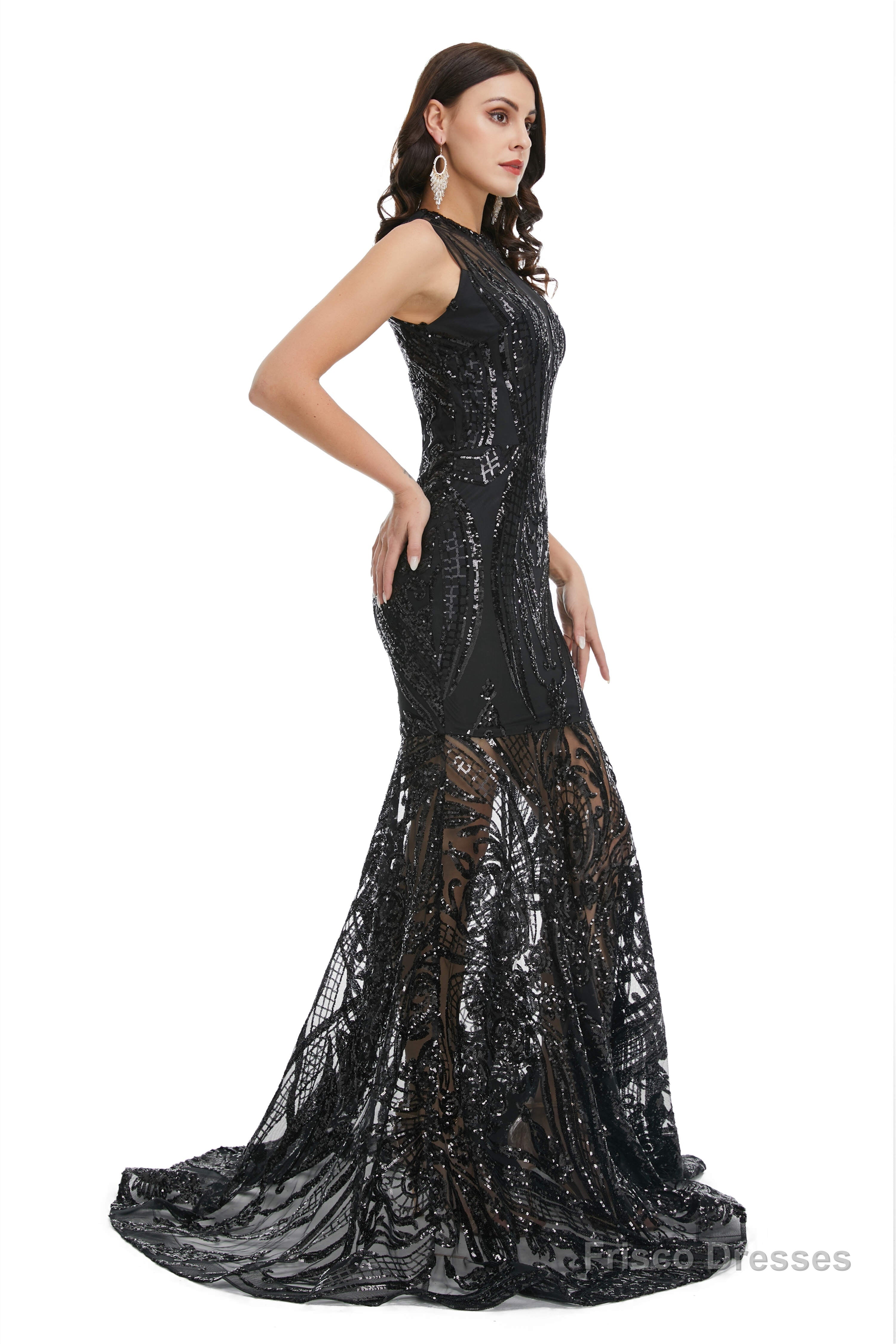 Sequins Sleeveless Floor Length Crew Neck Prom Dresses