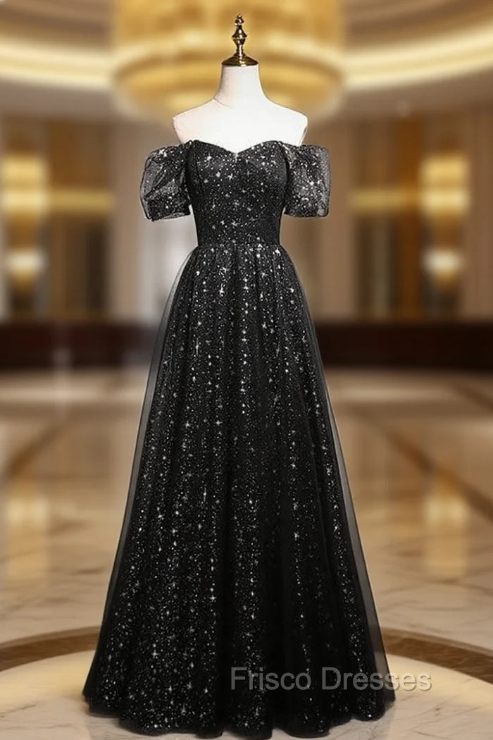Black Sequins Tulle Puff Sleeve Formal Prom Dress Main image