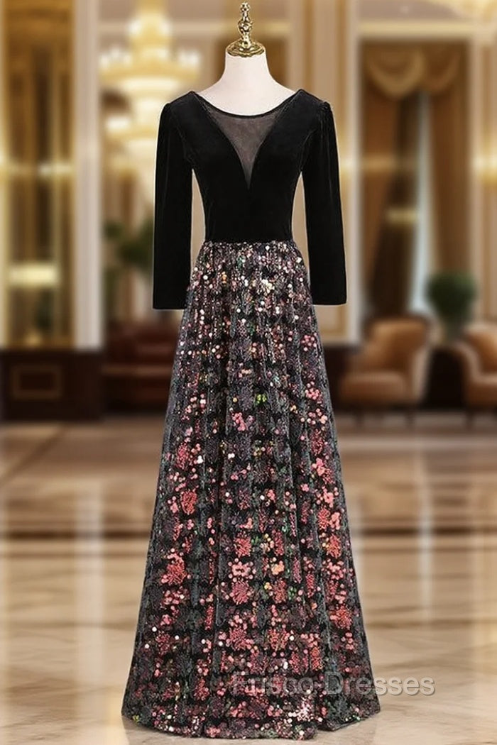 Black Sequins Velvet Long Sleeve Formal Prom Dress