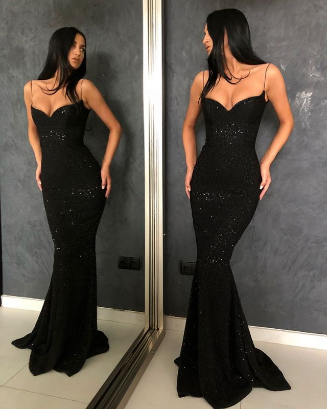 Black Sheath Open Back Spaghetti Straps Equins Prom Dresses