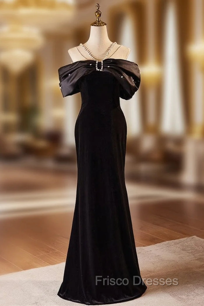 Black Sheath Velvet Pearls Formal Prom Dress Main image