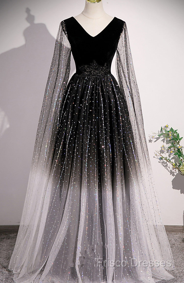 Black Shiny Tulle Gradient Tulle V-Neckline Party Dress, Black Tulle Formal Prom Dress Secondary image