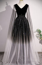 Black Shiny Tulle Gradient Tulle V-Neckline Party Dress, Black Tulle Formal Prom Dress