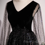 Black Shiny Tulle Gradient Tulle V-Neckline Party Dress, Black Tulle Formal Prom Dress