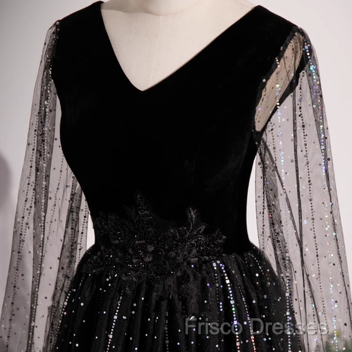 Black Shiny Tulle Gradient Tulle V-Neckline Party Dress, Black Tulle Formal Prom Dress