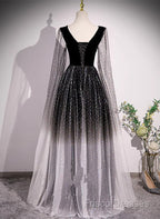 Black Shiny Tulle Gradient Tulle V-Neckline Party Dress, Black Tulle Formal Prom Dress