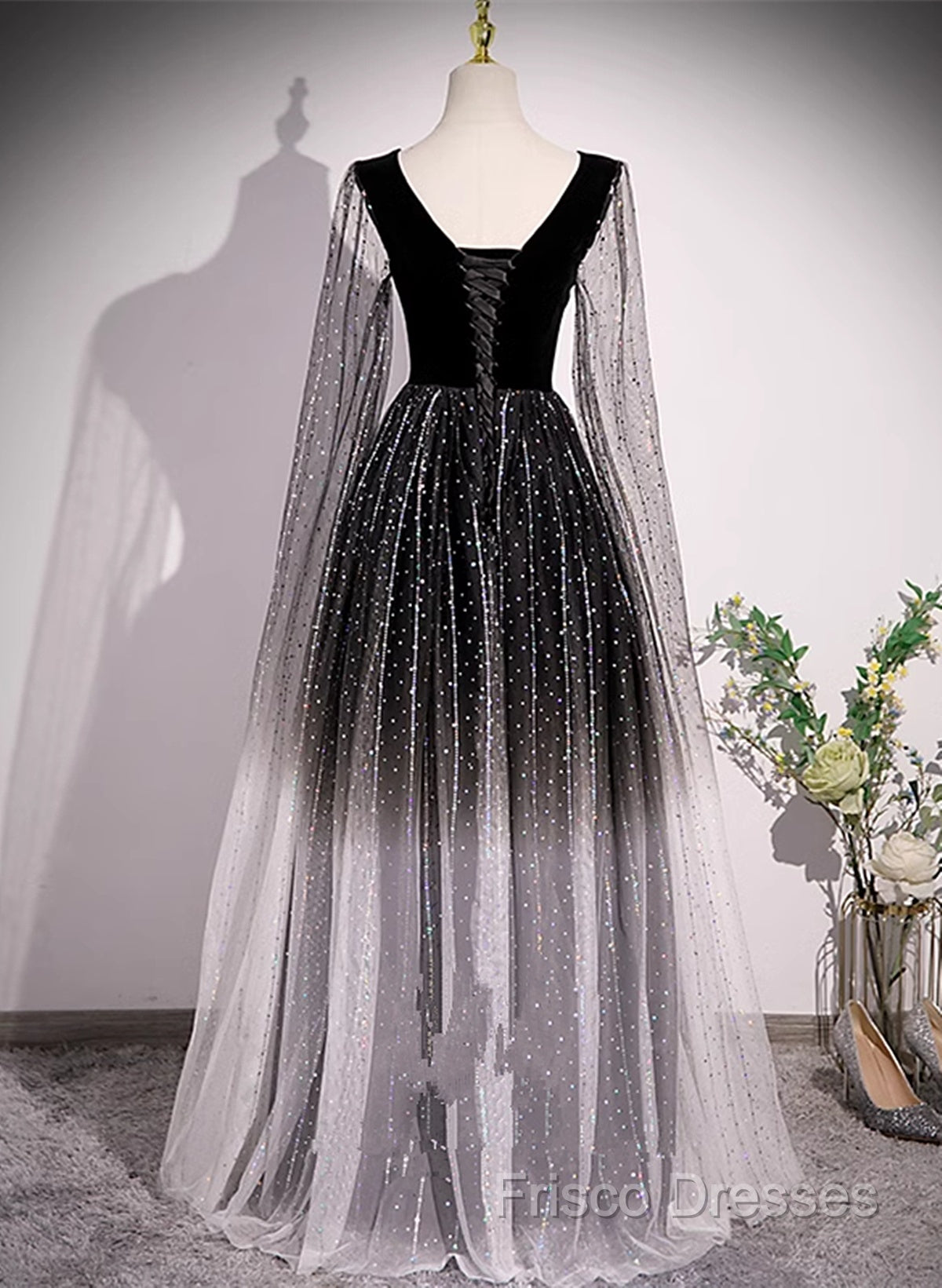 Black Shiny Tulle Gradient Tulle V-Neckline Party Dress, Black Tulle Formal Prom Dress